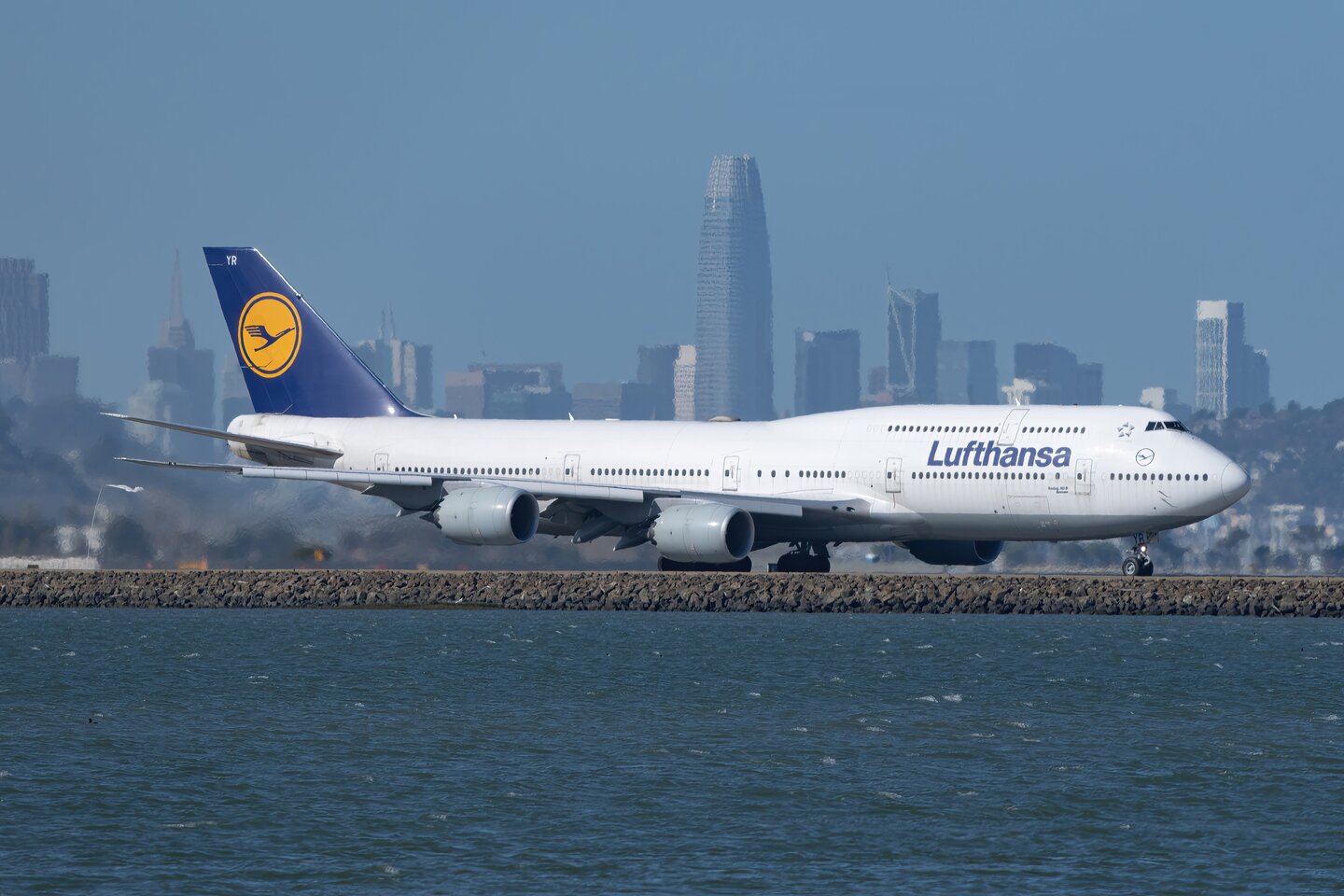 A Lufthansa 747 moving beside San Francisco Bay with the city skyline beyond